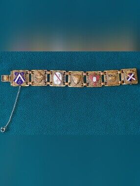 Vintage French Heraldic Coat Of Arms Brass Enamel Panel Bracelet Paris 1940's